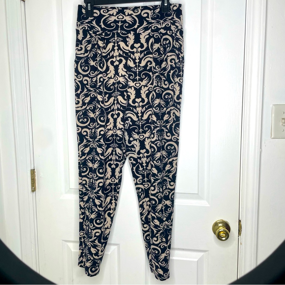 Elegant Black and Cream Patterned Trousers- Size L
